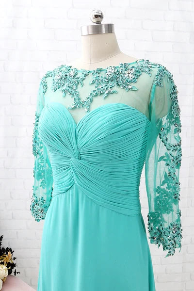 Turquoise Chiffon Lace Sleeve Cutout Back Mother of the Bride Dress