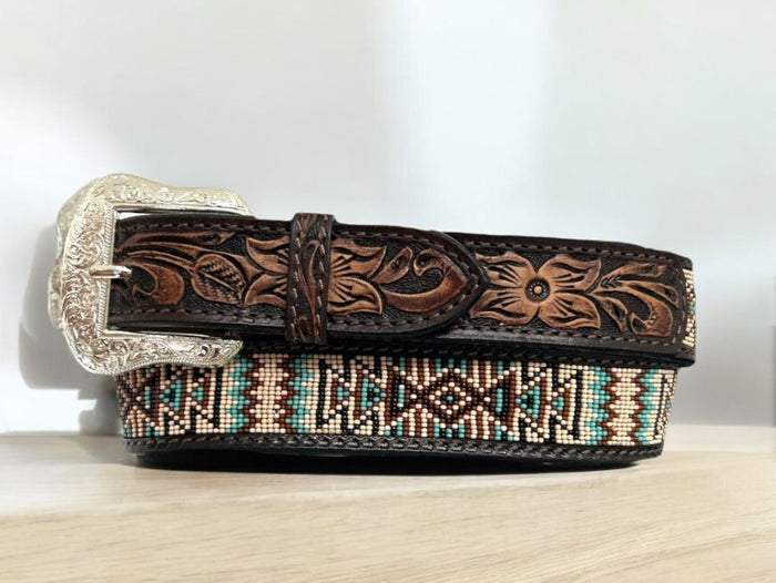 Twisted X Tooled and Beaded Belt