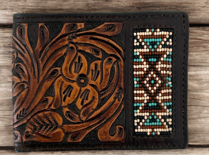Twisted X Tooled and Beaded Bi-Fold Wallet