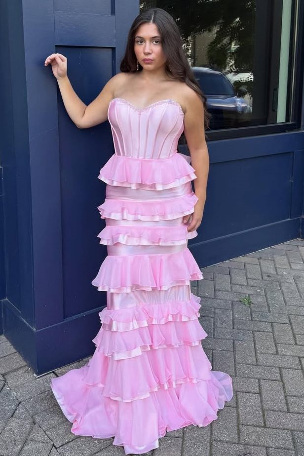Unique Pink Strapless Ruffles Sweetheart Mermaid Prom Dress with Bow