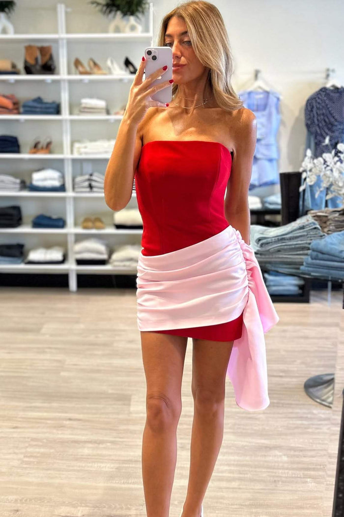 Unique Strapless Scoop Neck Satin Sleeveless Mini Party Homecoming Dress