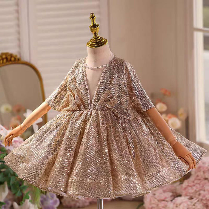 V-Neck Beaded Brown Flower Girl Dress Cap Sleeve D031