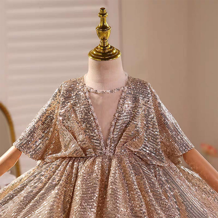 V-Neck Beaded Brown Flower Girl Dress Cap Sleeve D031