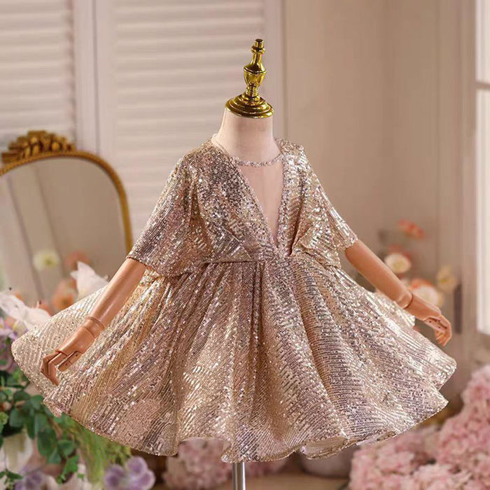 V-Neck Beaded Brown Flower Girl Dress Cap Sleeve D031