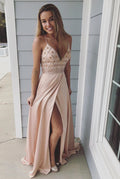 V Neck Beaded Long Prom Dress with Side Slit