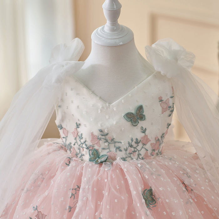 V-Neck Embroidered Flower Girl Dress Bow On Shoulder J470