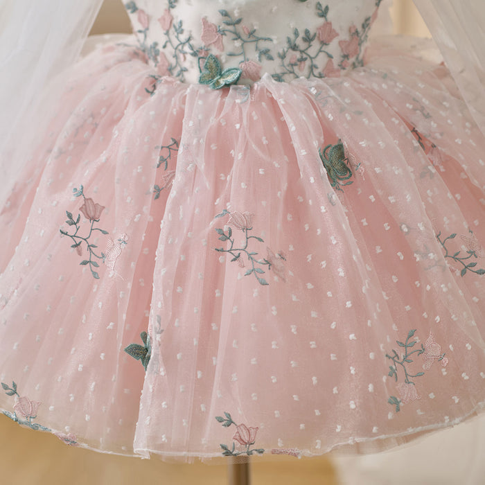 V-Neck Embroidered Flower Girl Dress Bow On Shoulder J470