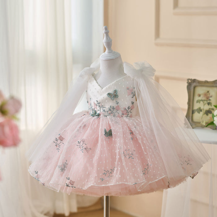 V-Neck Embroidered Flower Girl Dress Bow On Shoulder J470