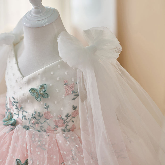 V-Neck Embroidered Flower Girl Dress Bow On Shoulder J470
