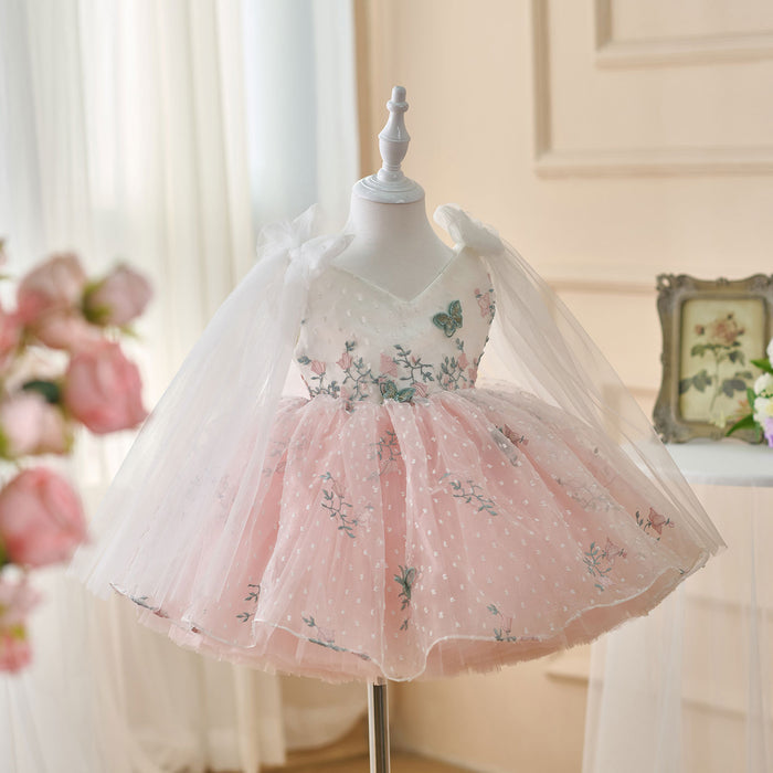 V-Neck Embroidered Flower Girl Dress Bow On Shoulder J470