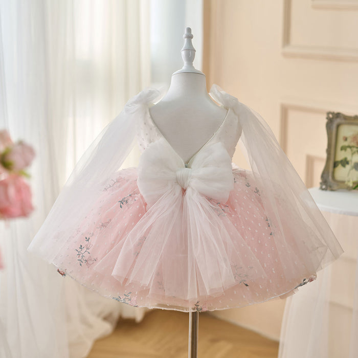 V-Neck Embroidered Flower Girl Dress Bow On Shoulder J470