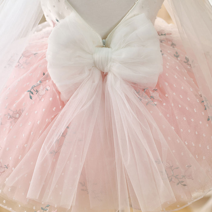 V-Neck Embroidered Flower Girl Dress Bow On Shoulder J470