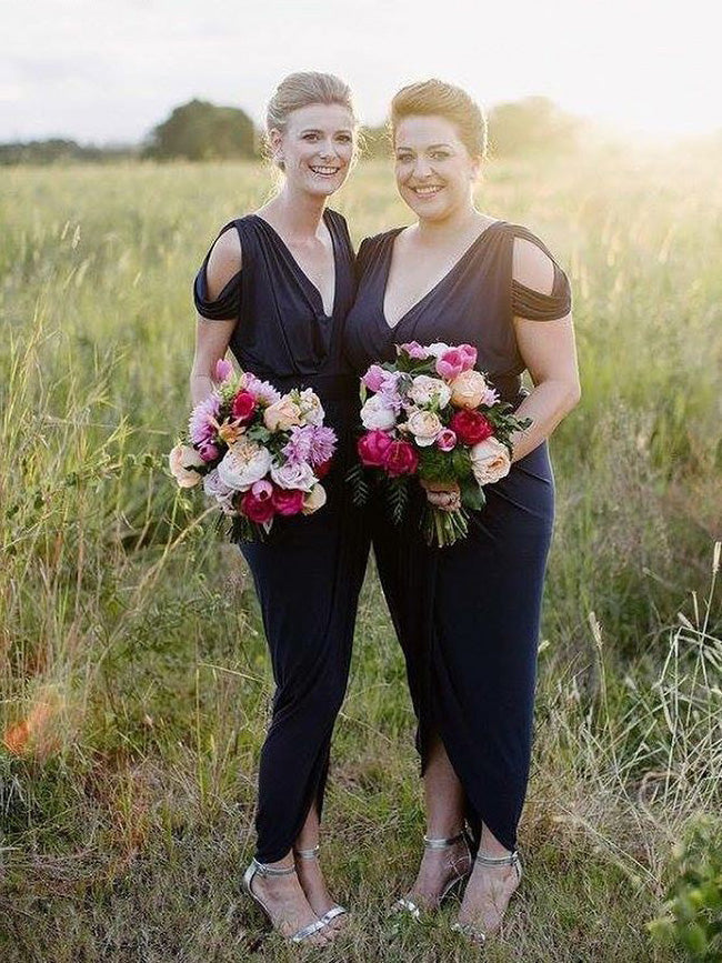 V Neck Navy Blue Tea Length Bridesmaid Dress