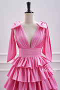 V-Neck Pink Pleated Ruffle Homecoming Dress
