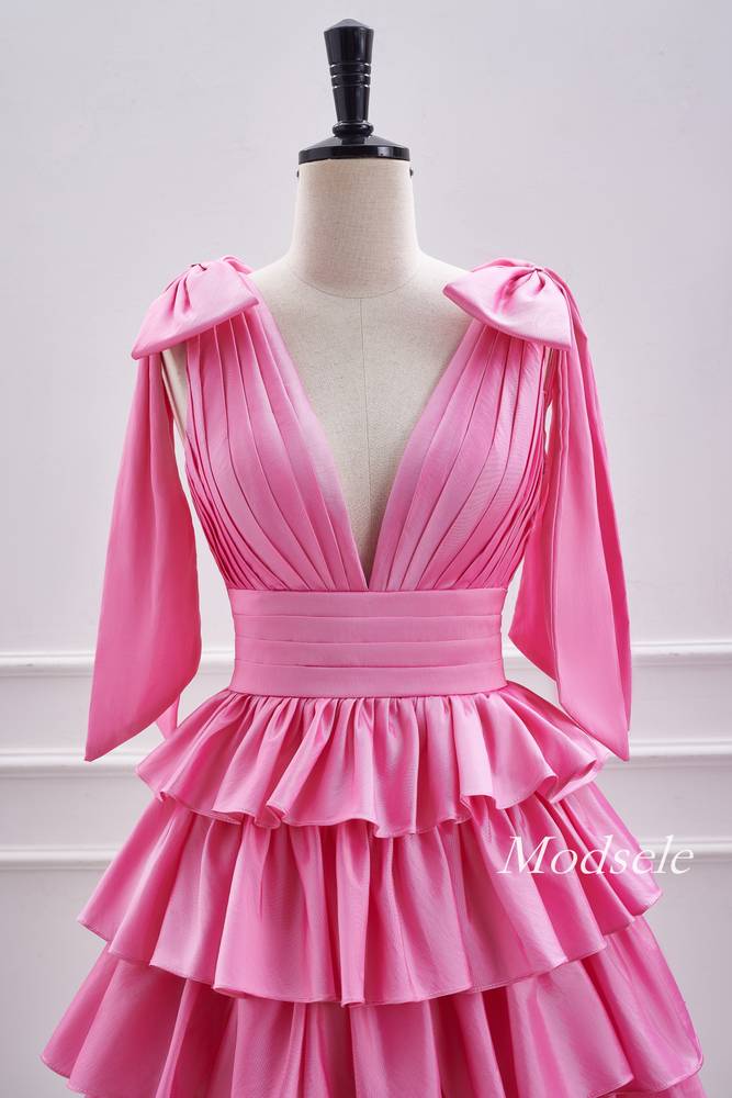 V-Neck Pink Pleated Ruffle Homecoming Dress