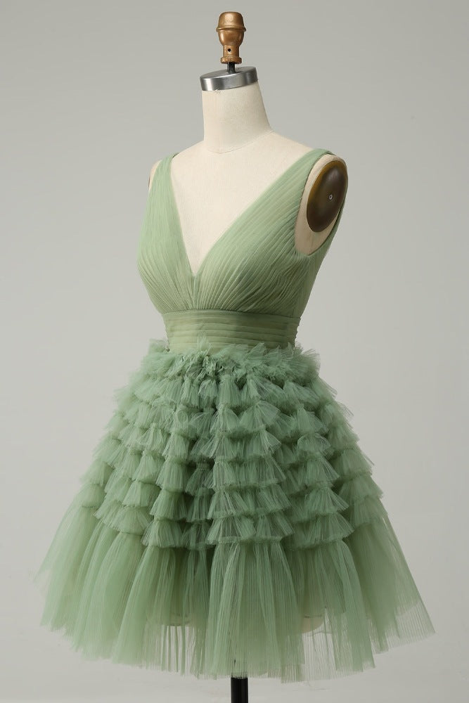 V-neck Sage Green  Muiti-Layer A-line Short Homecoming Dress