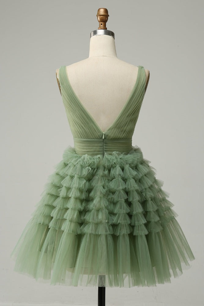 V-neck Sage Green  Muiti-Layer A-line Short Homecoming Dress
