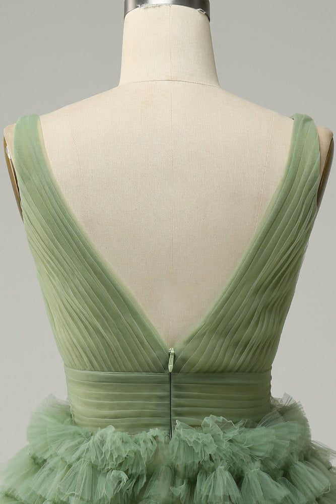 V-neck Sage Green  Muiti-Layer A-line Short Homecoming Dress