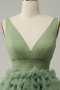 V-neck Sage Green  Muiti-Layer A-line Short Homecoming Dress