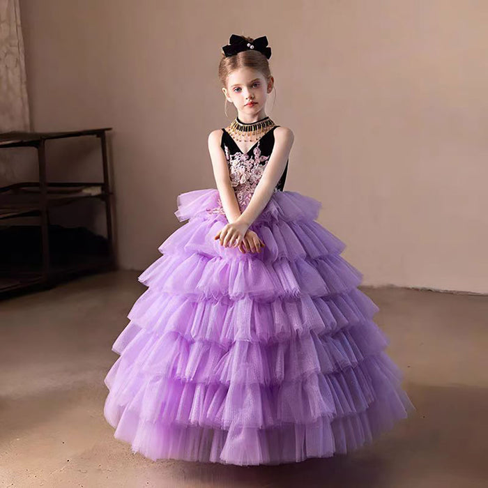V-Neck Sling Sleeveless Tiered Flower Girl Dress D304