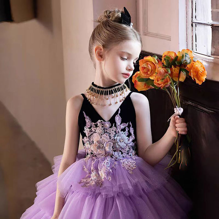 V-Neck Sling Sleeveless Tiered Flower Girl Dress D304