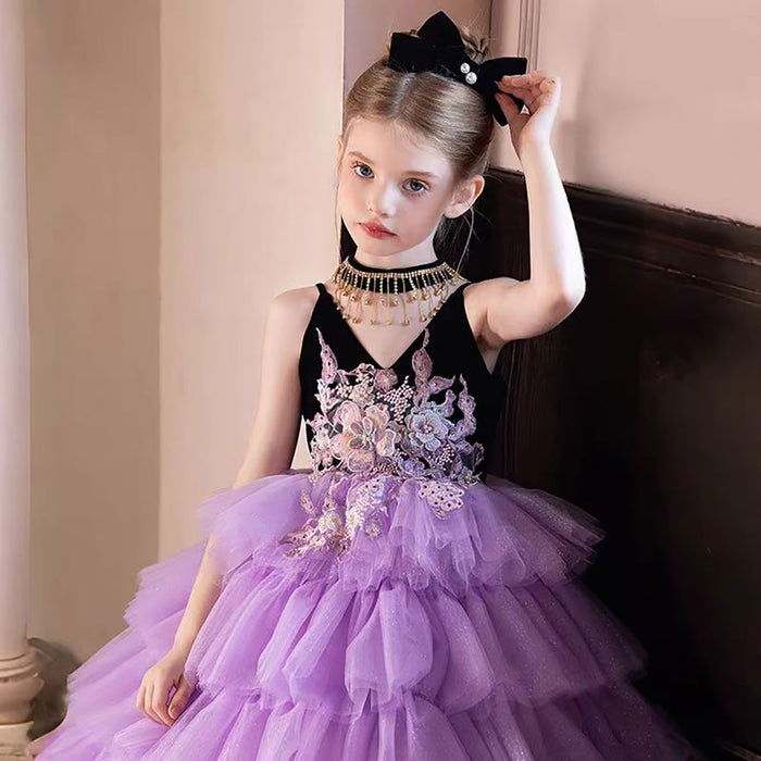 V-Neck Sling Sleeveless Tiered Flower Girl Dress D304