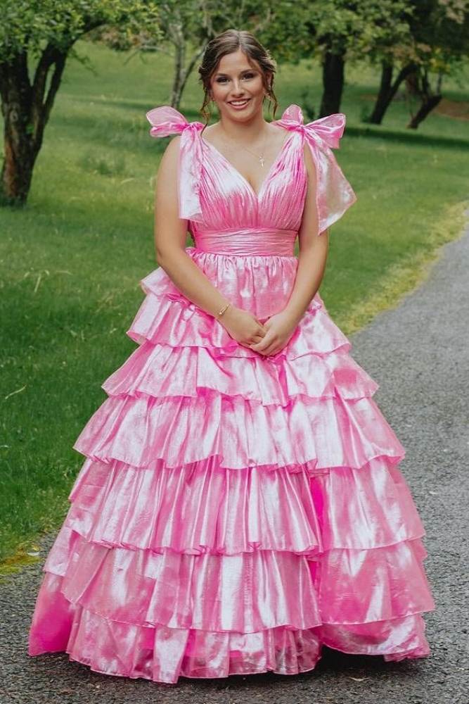 Blue V-Neck Tiered A-Line Long Prom Dress with Bow Tie Straps
