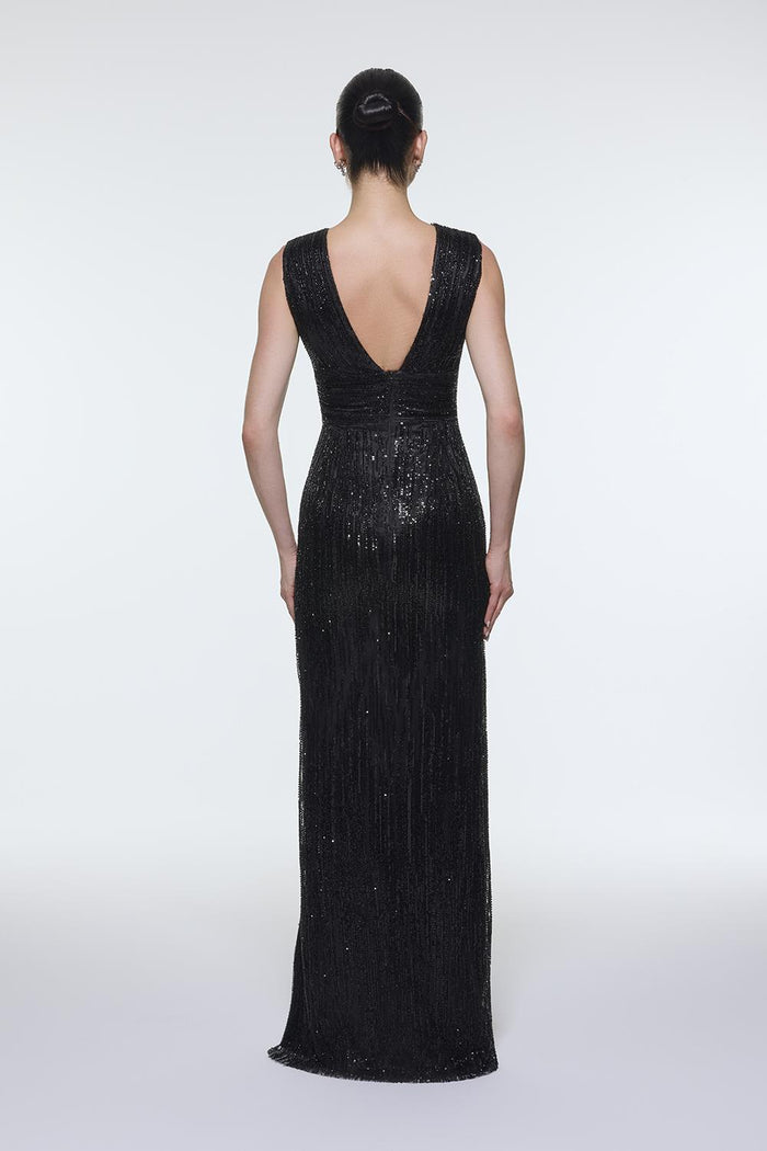 V Yakalı Kolsuz Taş İşlemeli Abiye Elbise - 9349C - SİYAH