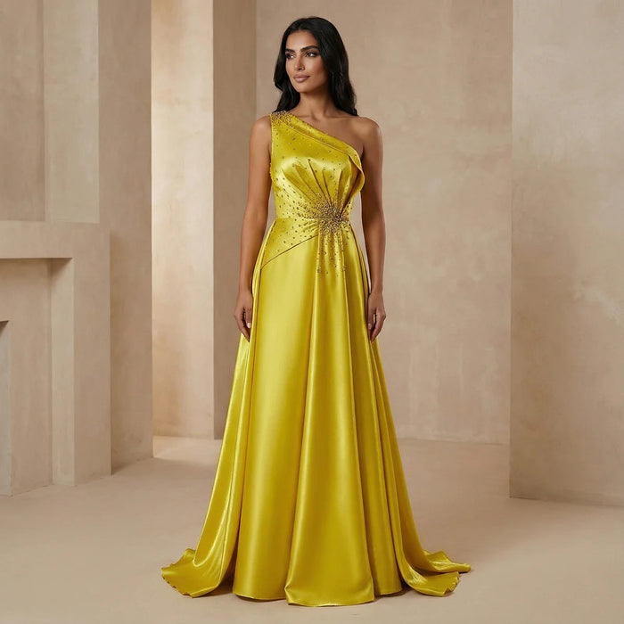 Vibrant Yellow Satin Sequin Evening Dress with Overskirt XD049-DreamyVow