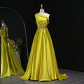 Vibrant Yellow Satin Sequin Evening Dress with Overskirt XD049-DreamyVow