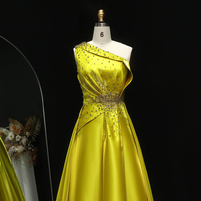 Vibrant Yellow Satin Sequin Evening Dress with Overskirt XD049-DreamyVow