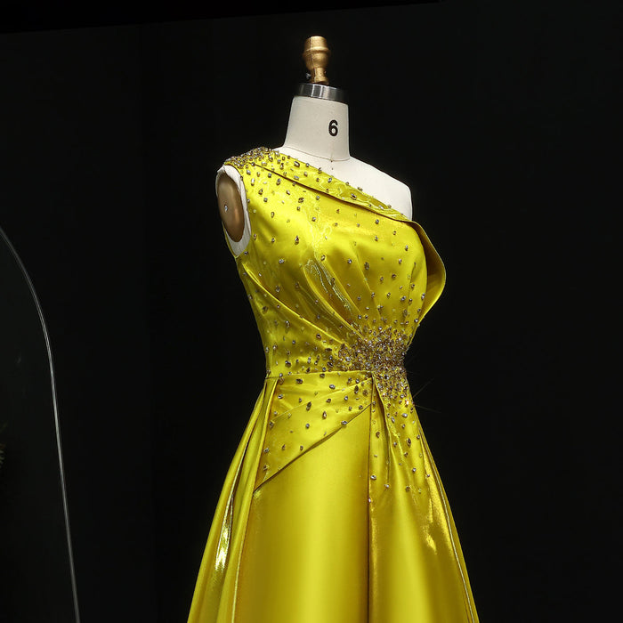 Vibrant Yellow Satin Sequin Evening Dress with Overskirt XD049-DreamyVow
