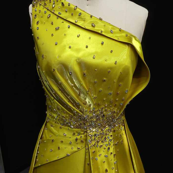 Vibrant Yellow Satin Sequin Evening Dress with Overskirt XD049-DreamyVow