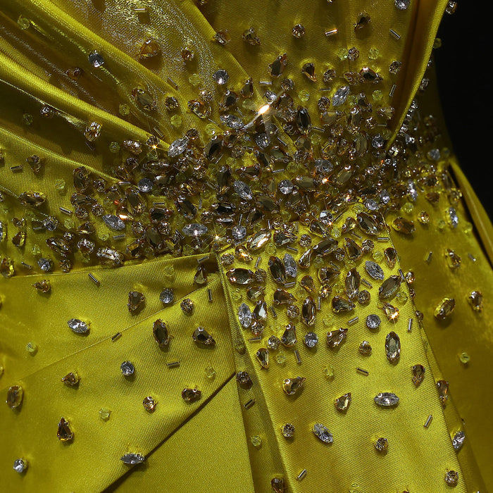 Vibrant Yellow Satin Sequin Evening Dress with Overskirt XD049-DreamyVow