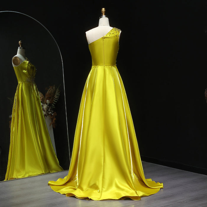 Vibrant Yellow Satin Sequin Evening Dress with Overskirt XD049-DreamyVow