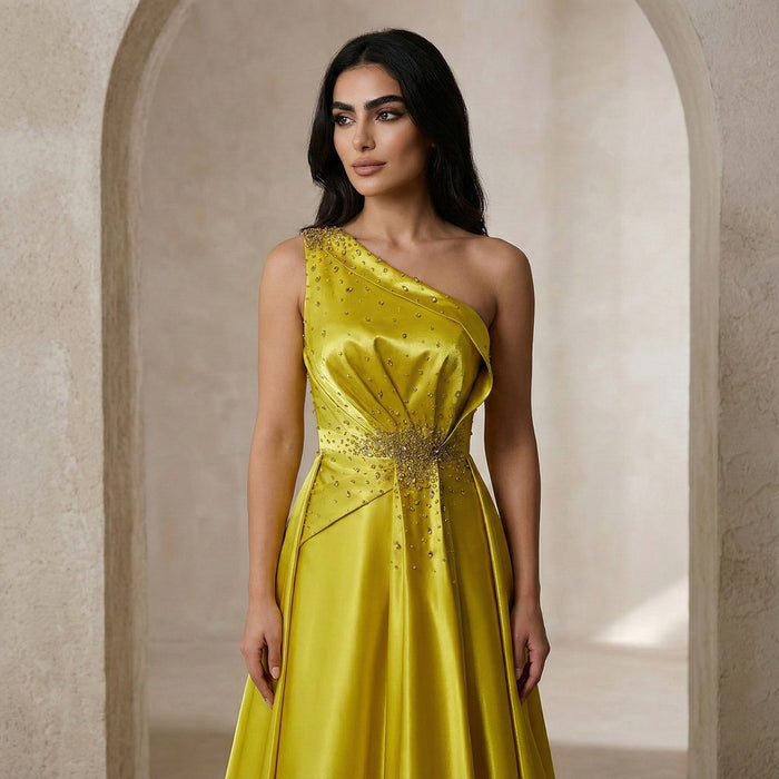 Vibrant Yellow Satin Sequin Evening Dress with Overskirt XD049-DreamyVow