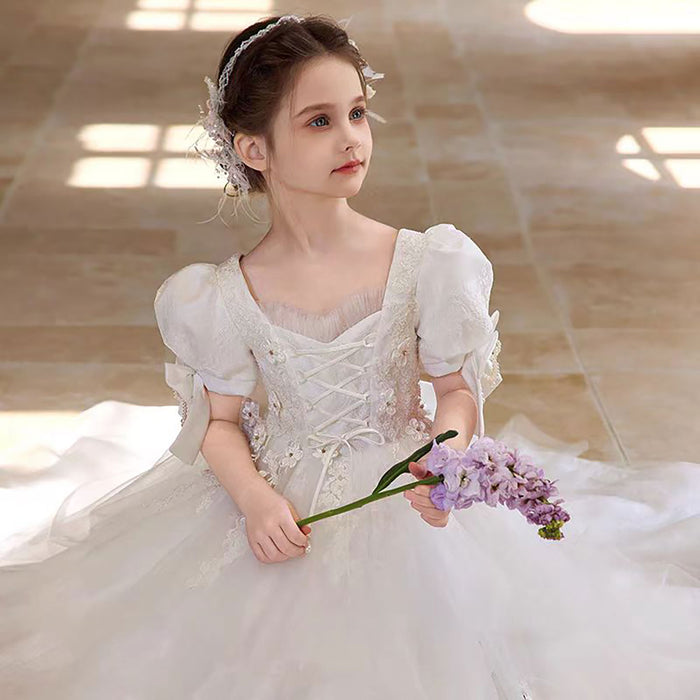 Victorian White Flower Girl Dress with Satin Bow D316