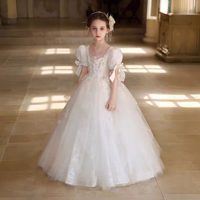 Victorian White Flower Girl Dress with Satin Bow D316