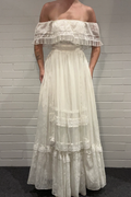 Vintage Off-Shoulder A-Line Empire-Waist Elegant Lace Long Prom Dress