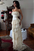 Vintage Strapless Ruffles Sleeveless Empire-Waist Champagne Prom Dress