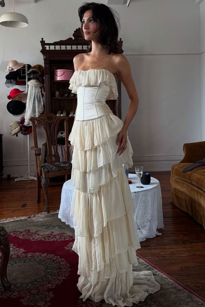 Vintage Strapless Ruffles Sleeveless Empire-Waist Champagne Prom Dress