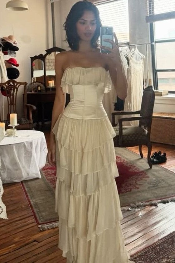Vintage Strapless Ruffles Sleeveless Empire-Waist Champagne Prom Dress