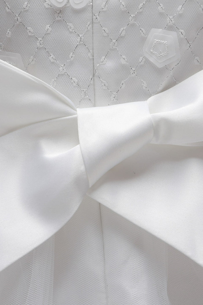White 3D Flower Cap Sleeve Bow-Back Flower Girl Dress
