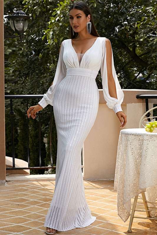 White and Champagne Plunge V Sheath Long Formal Dress