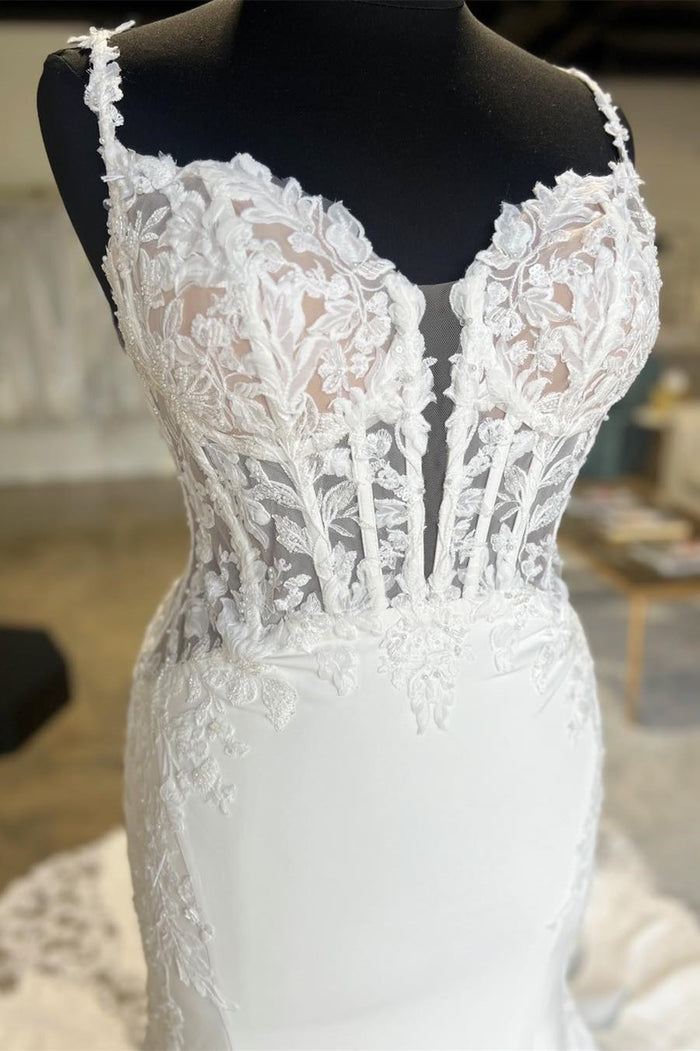 top of White Appliques Corset Backless Mermaid Long Wedding Dress