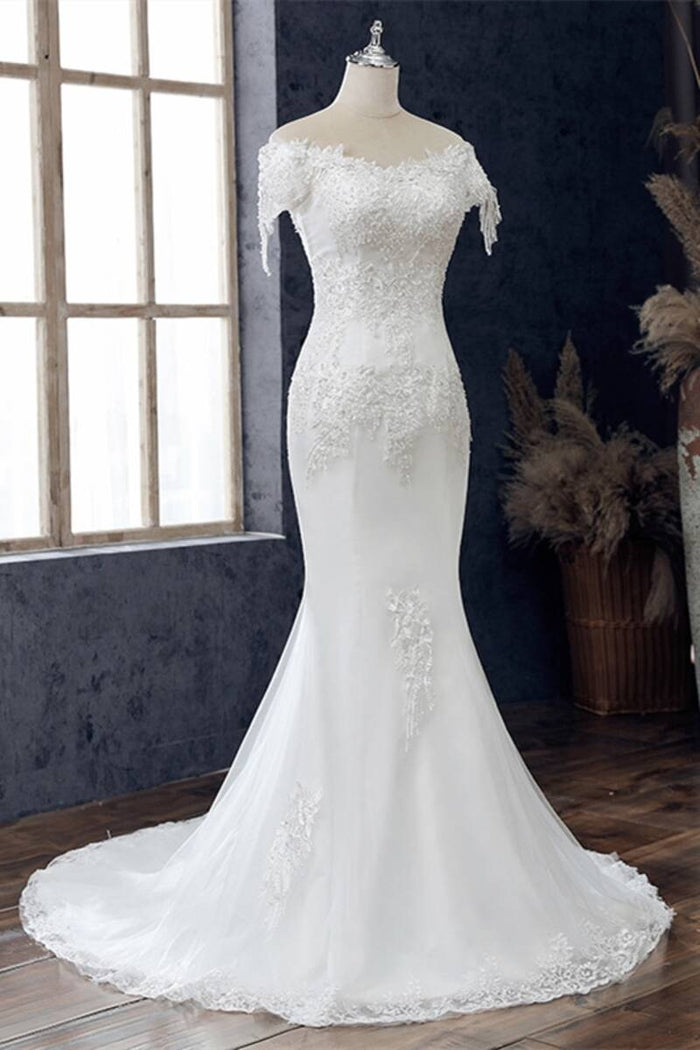 White Appliqués Off-the-Shoulder Cap Sleeve Trumpet Wedding Dress