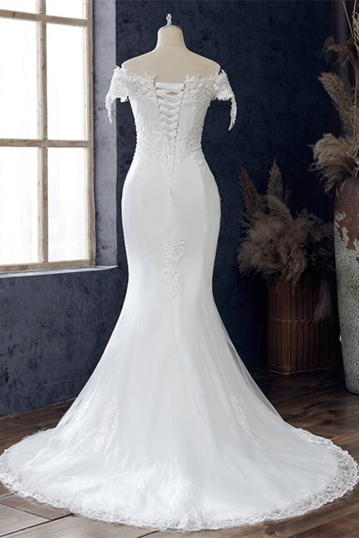 White Appliqués Off-the-Shoulder Cap Sleeve Trumpet Wedding Dress