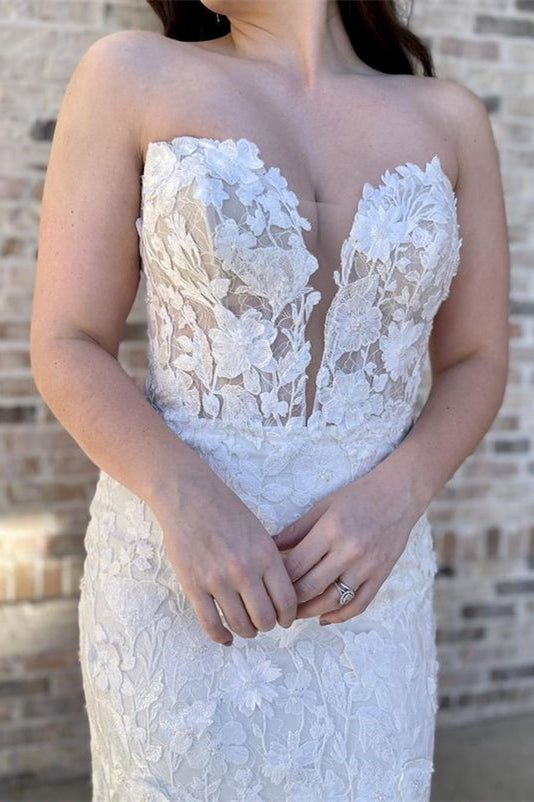 White Floral Lace Strapless Mermaid Long Wedding Dress