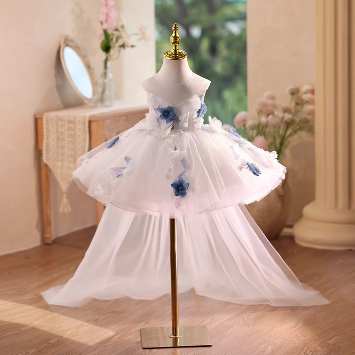 White Flower Girl Dress Knee Length with Floral Lace J569
