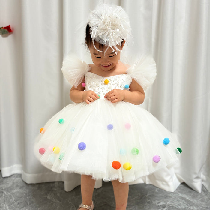 White Girl Dresses with Hairband for Baby Wedding Birthday Party J032